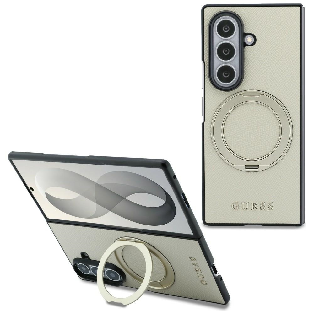 Guess HC Magnetic Ring ställ Grained PU Classic Logo fodral för Samsung Galaxy Z Fold 8 Ultra beige