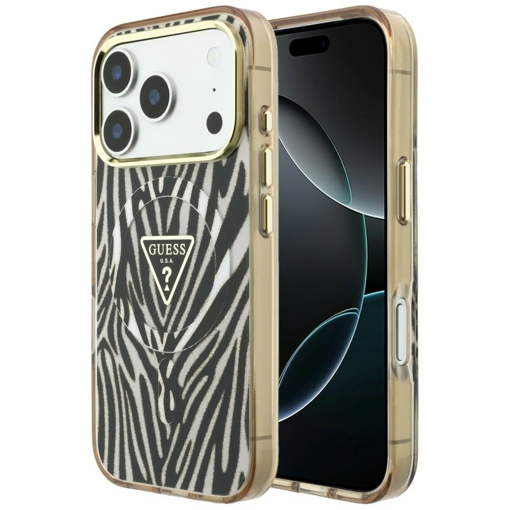 Guess IML Zebra Glitter Triangle Logo MagSafe fodral för iPhone 18 Pro / 17 Pro guld