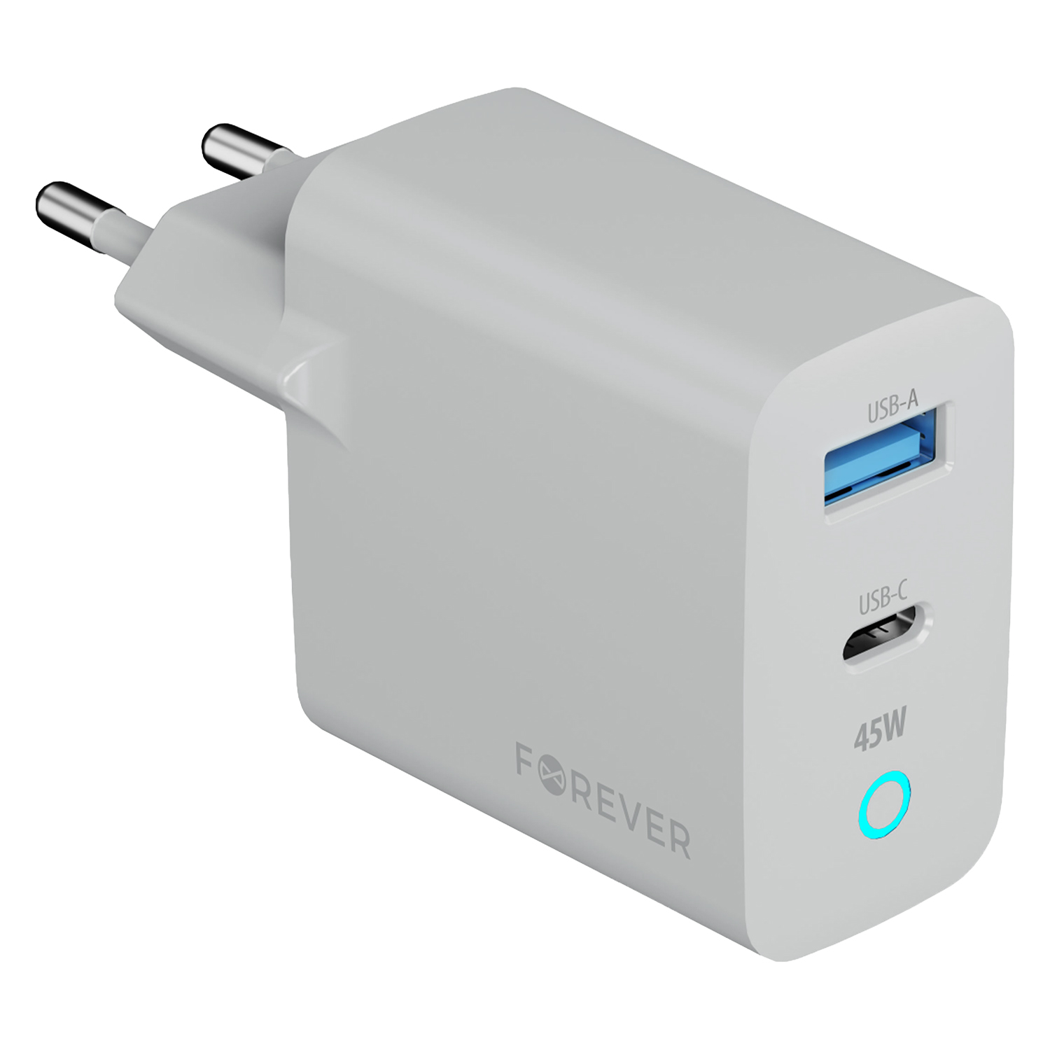 Forever Vibe-TC45AC GaN PD QC laddare 1x USB-C 1x USB 45W silver