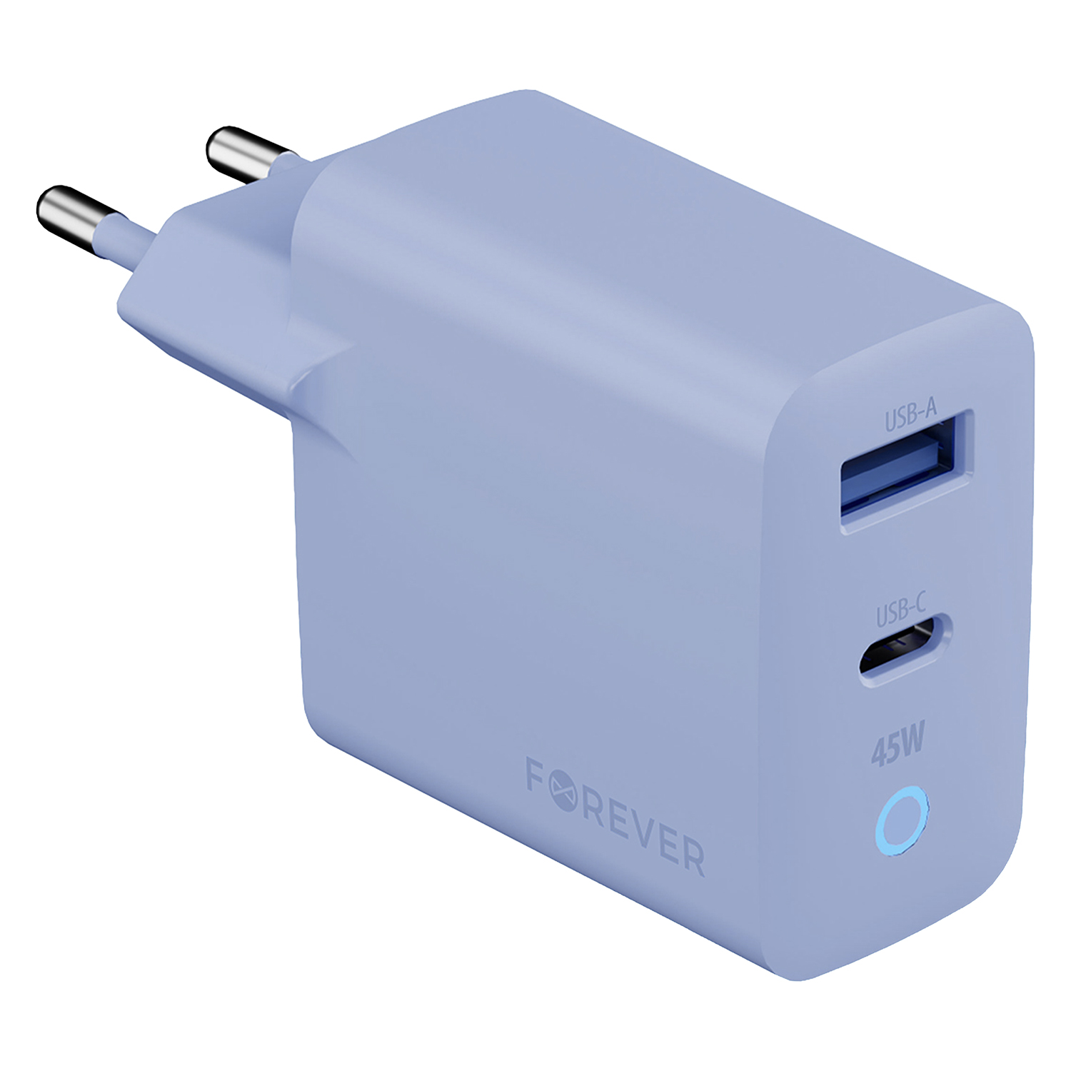Forever Vibe-TC45AC GaN PD QC laddare 1x USB-C 1x USB 45W sky blå