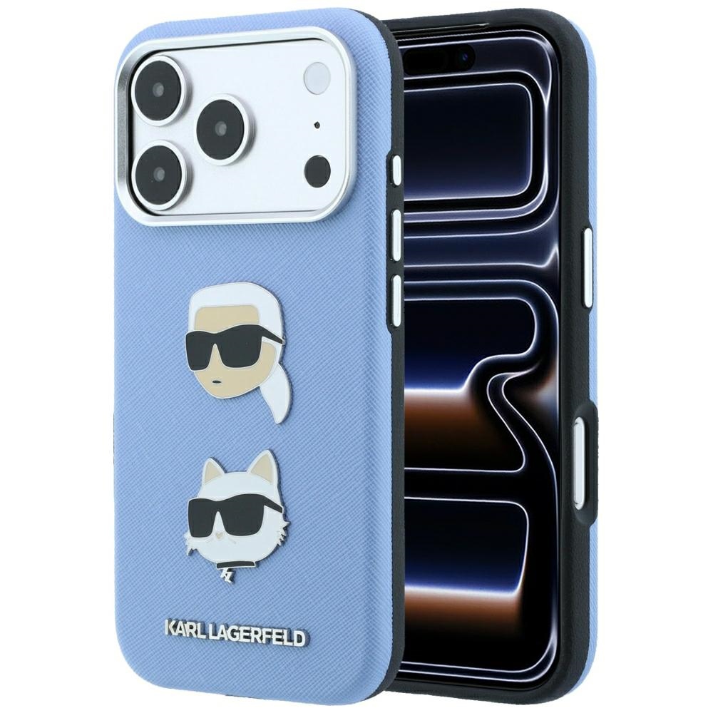 Karl Lagerfeld Saffiano with Karl & Choupette Heads Pins & Logo fodral för Iphone 18 Pro Max / 17 Pro Max blå