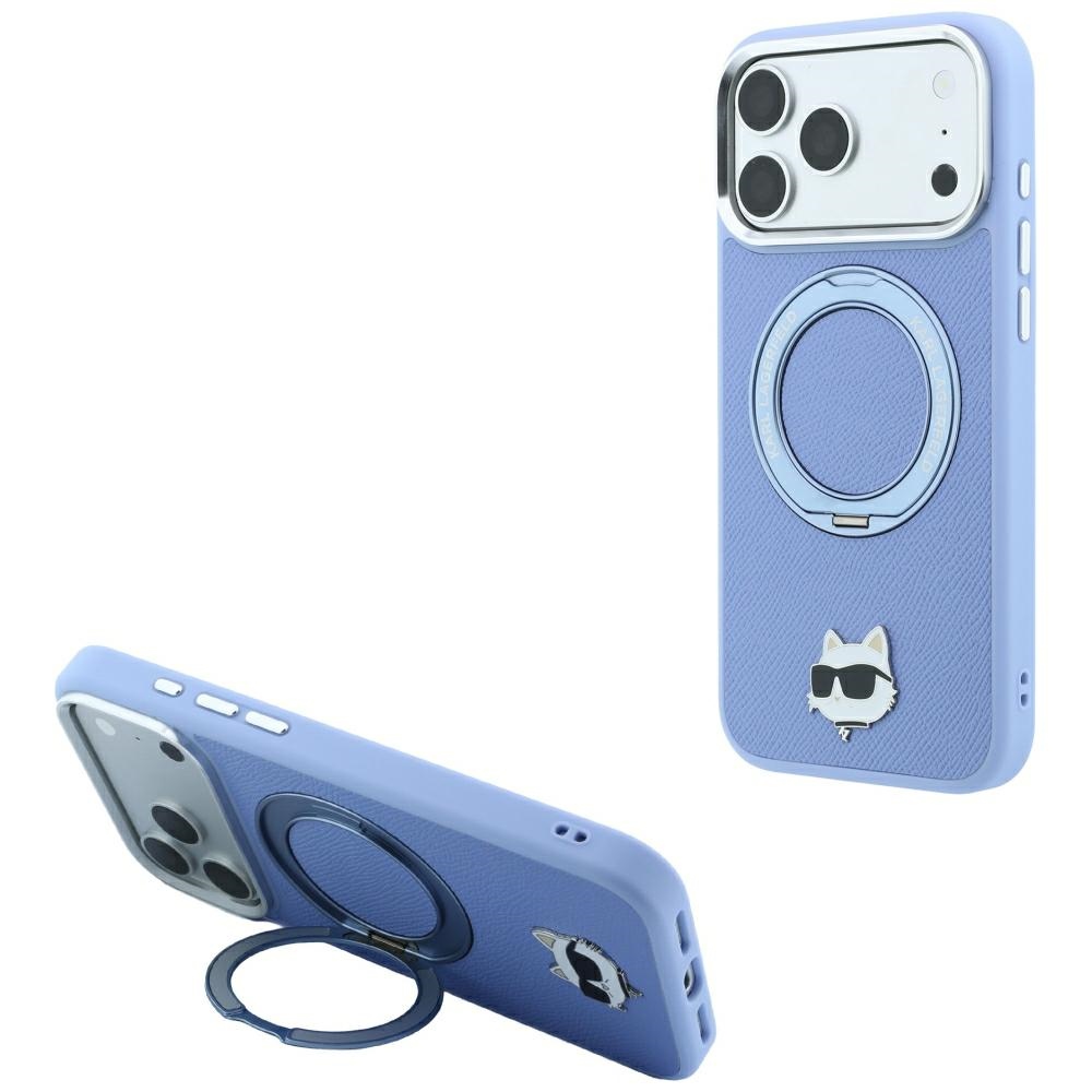 Karl Lagerfeld with Ring ställ 360 Choupette Head Pin MagSafe fodral för Iphone 18 Pro / 17 Pro blå
