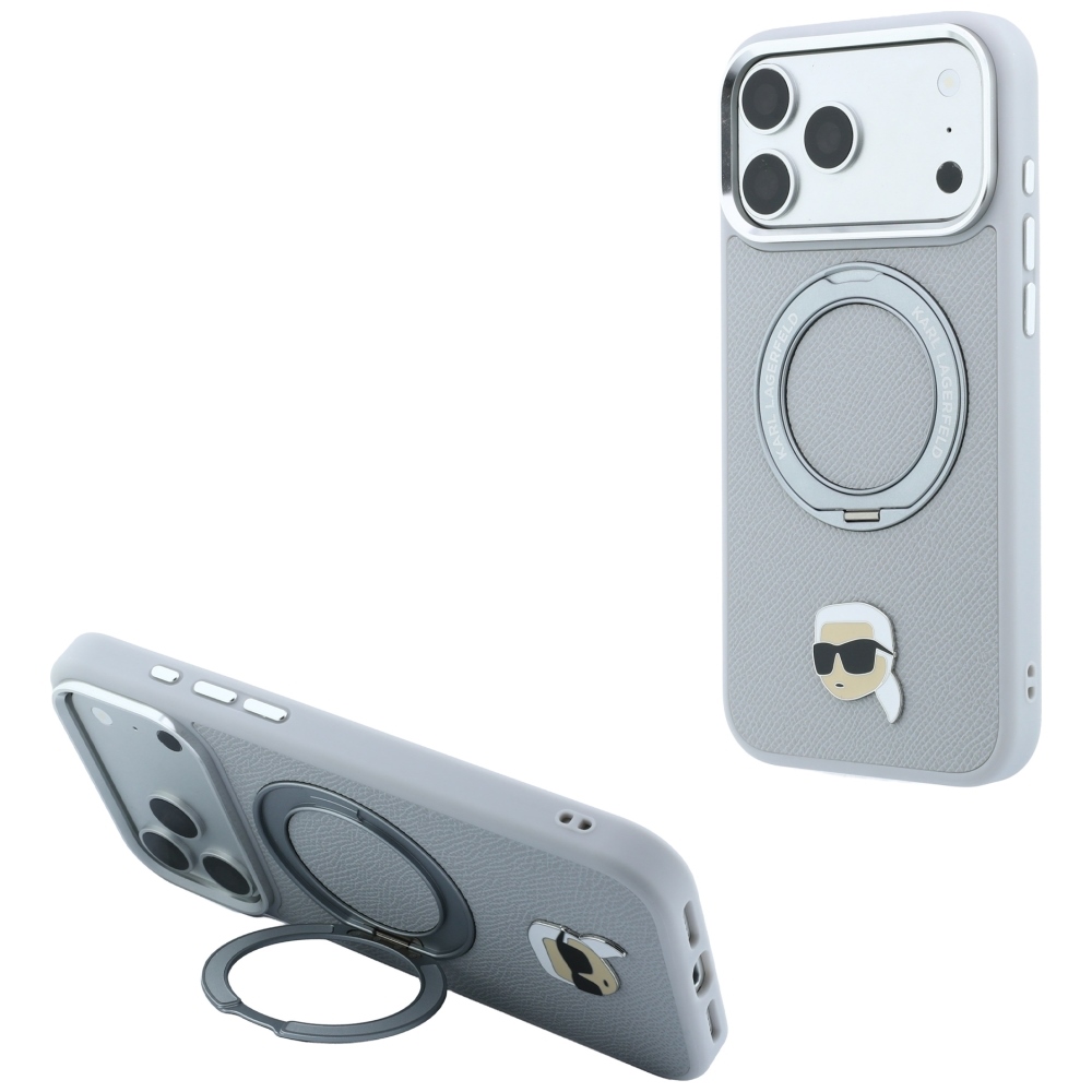 Karl Lagerfeld with Ring ställ 360 Karl Head Pin MagSafe fodral för Iphone 18 Pro / 17 Pro szary