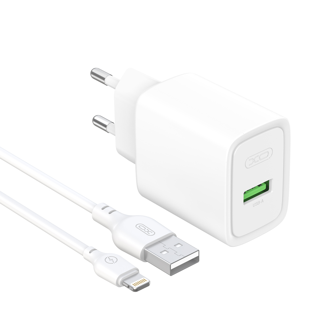 XO wall laddare CE50 QC 18W 1x USB vit + kabel Lightning
