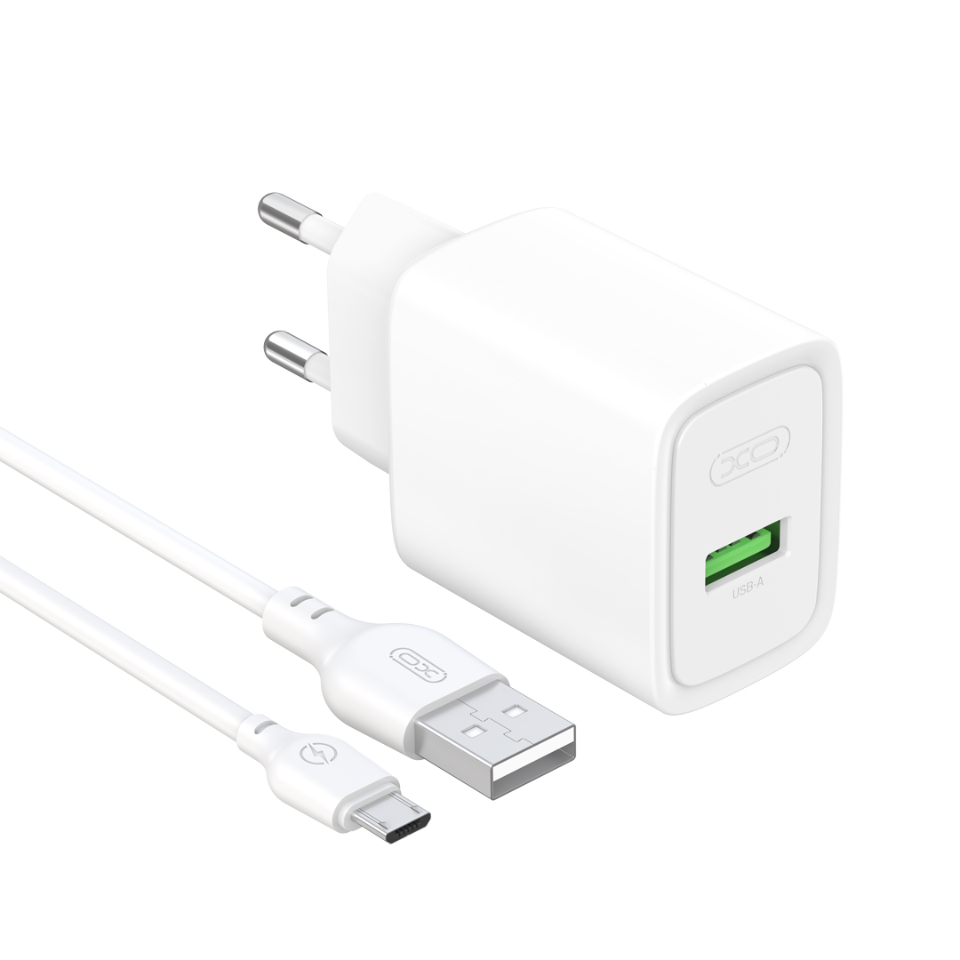XO wall laddare CE50 QC 18W 1x USB vit + kabel microUSB