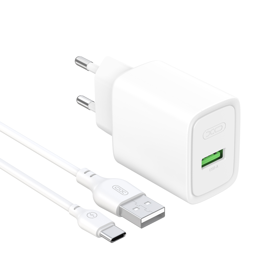 XO wall laddare CE50 QC 18W 1x USB vit + kabel USB-C