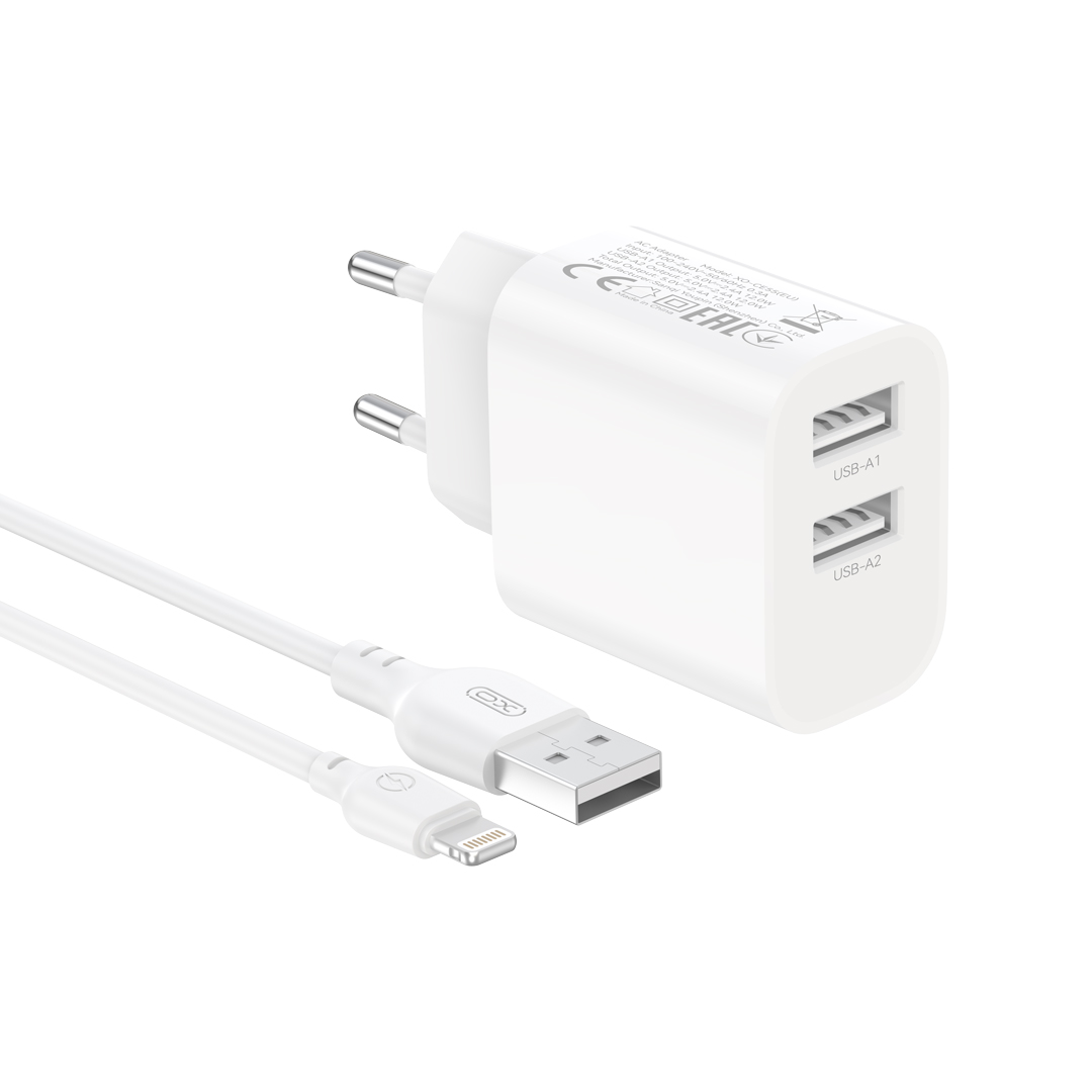 XO wall laddare CE55 2x USB 2,4A vit + Lightning kabel