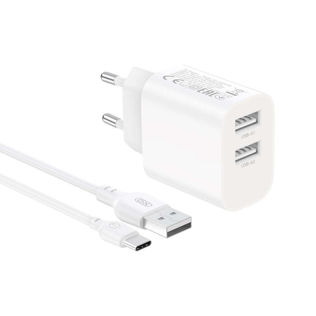 XO wall laddare CE55 2x USB 2,4A vit + USB-C kabel