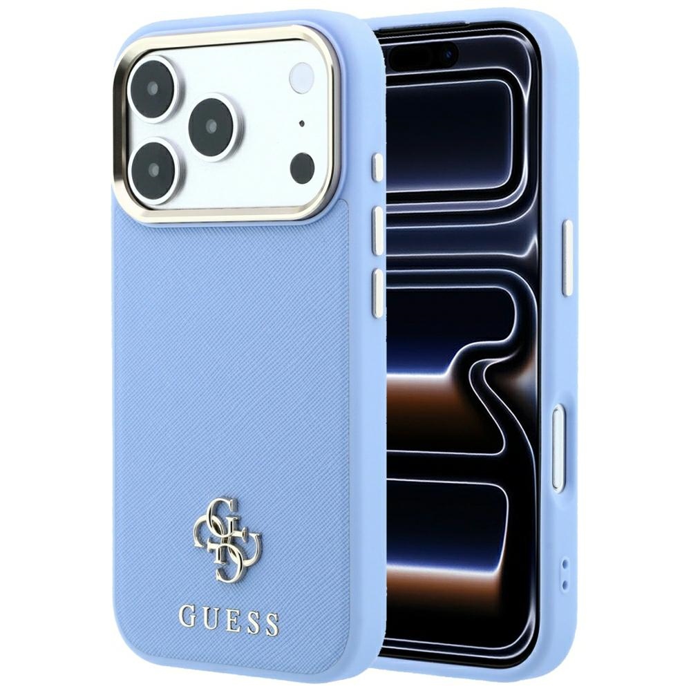 Guess Saffiano Small 4G & Classic Logo MagSafe fodral för iPhone 18 Pro Max / 17 Pro Max ljusblå