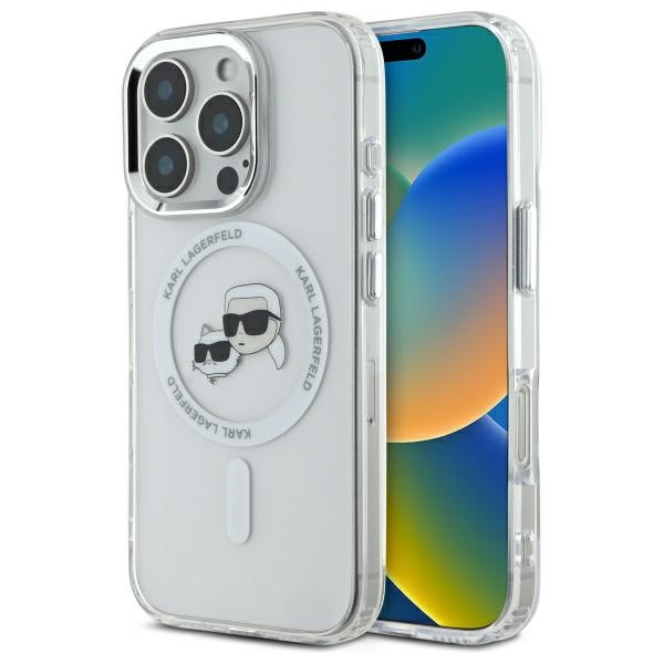 Karl Lagerfeld fodral för iPhone 16 Pro KLHMP16LHLSKCH vit Hard IML Metal Karl&Choupette Head MagSafe