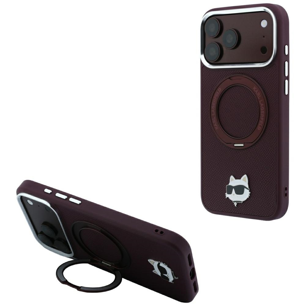 Karl Lagerfeld with Ring ställ 360 Choupette Head Pin MagSafe fodral för iPhone 18 Pro Max / 17 Pro Max burgundy