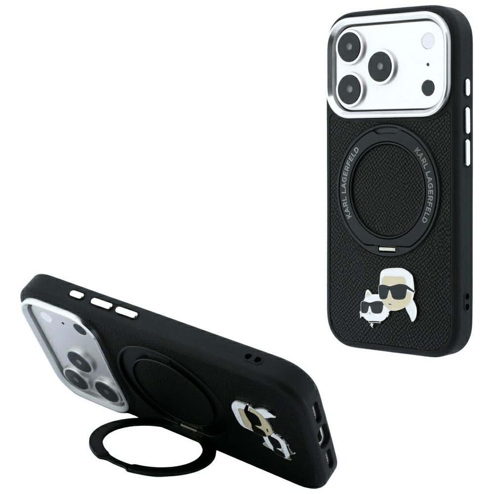 Karl Lagerfeld with Ring ställ 360 Karl Choupette Heads Pin MagSafe fodral för iPhone 18 Pro Max / 17 Pro Max svart