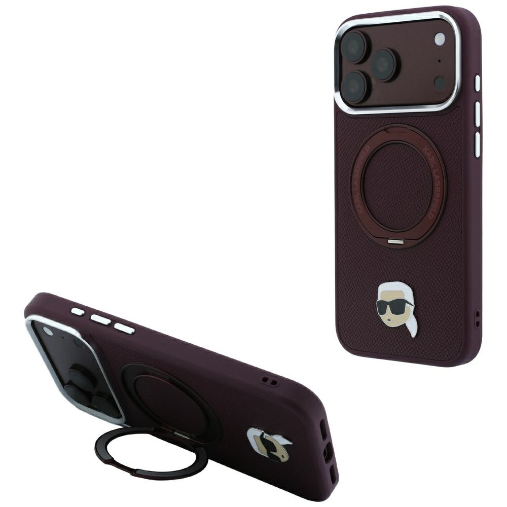 Karl Lagerfeld with Ring ställ 360 Karl Head Pin MagSafe fodral för iPhone 18 Pro Max / 17 Pro Max burgundy