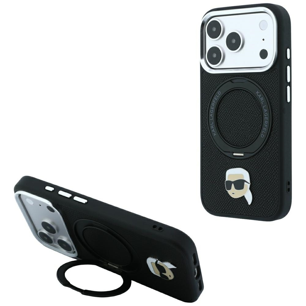 Karl Lagerfeld with Ring ställ 360 Karl Head Pin MagSafe fodral för iPhone 18 Pro / 17 Pro svart