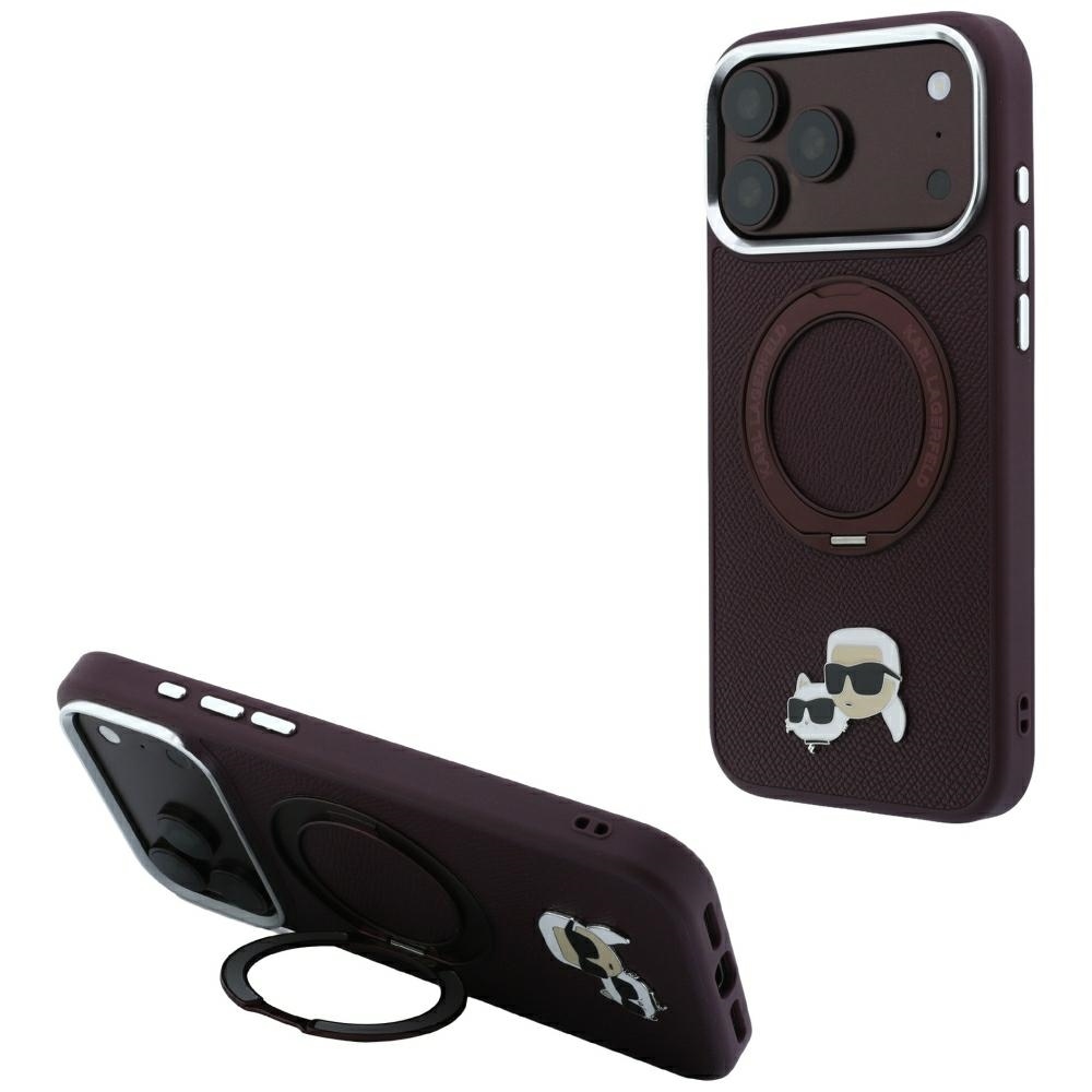 Karl Lagerfeld with Ring ställ 360 Karl & Choupette Heads Pin MagSafe fodral för iPhone 18 Pro Max / 17 Pro Max burgundy
