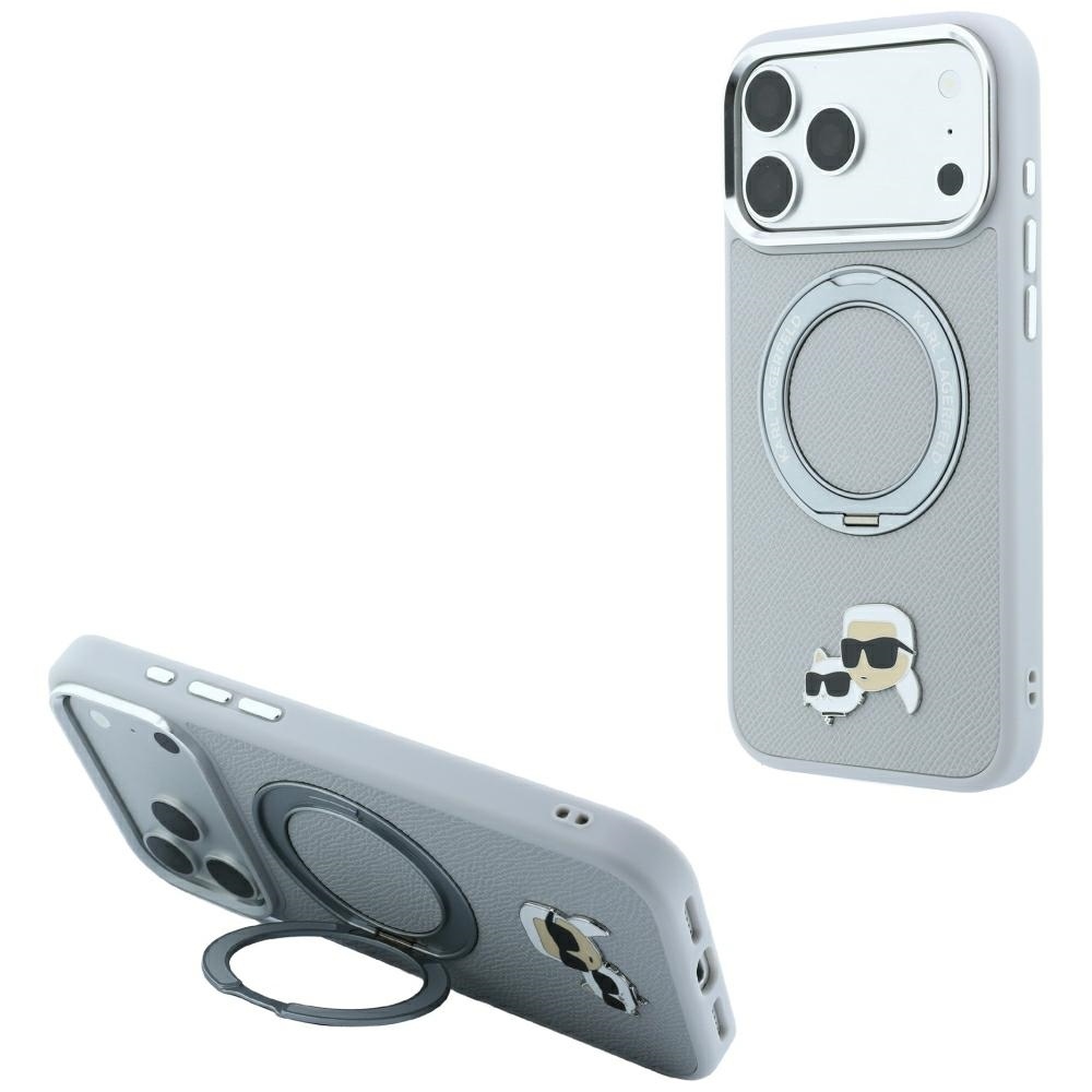 Karl Lagerfeld with Ring ställ 360 Karl & Choupette Heads Pin MagSafe fodral för iPhone 18 Pro Max / 17 Pro Max grå