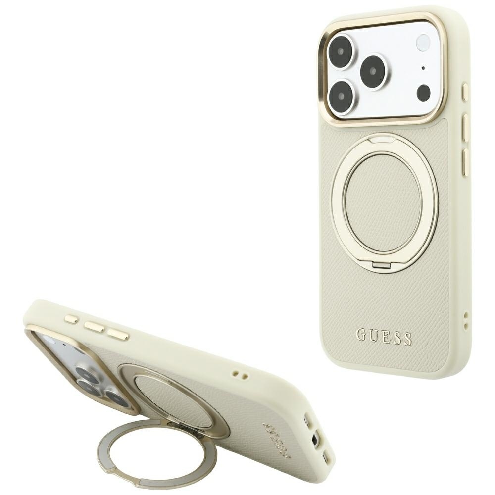 Guess Ring ställ 360 Grained Classic Logo MagSafe fodral för iPhone 18 Pro / 17 Pro beige