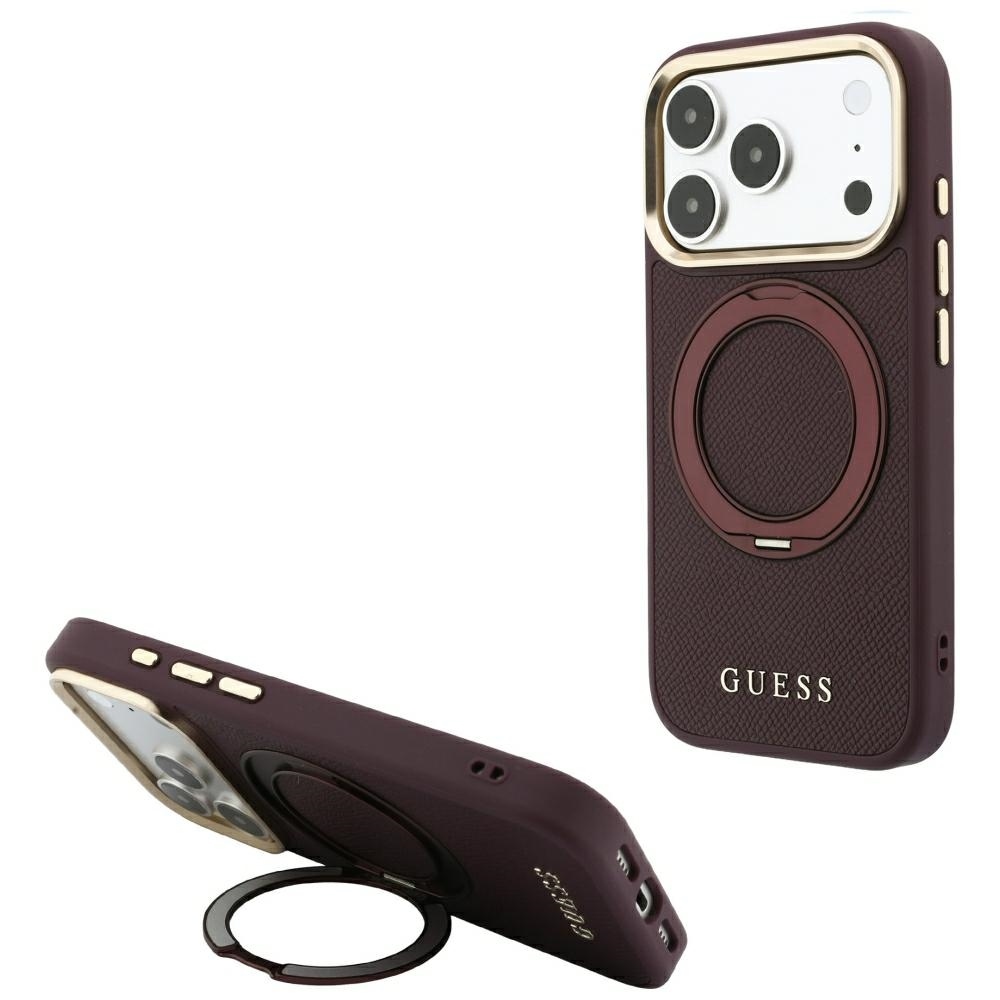Guess Ring ställ 360 Grained Classic Logo MagSafe fodral för iPhone 18 Pro / 17 Pro burgundy