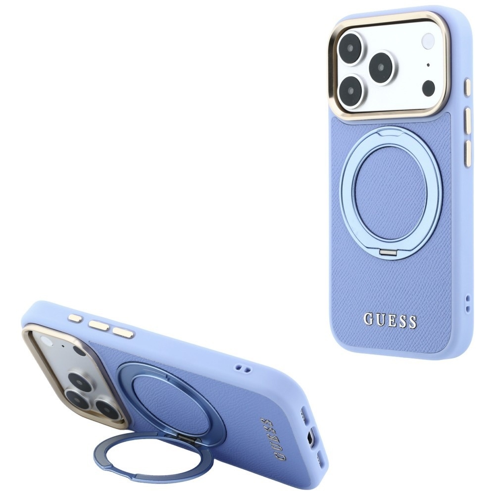 Guess Ring ställ 360 Grained Classic Logo MagSafe fodral för iPhone 18 Pro / 17 Pro ljusblå