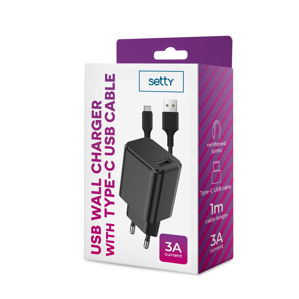 Setty laddare 1x USB 3A svart + USB-C-kabel 1,0 m