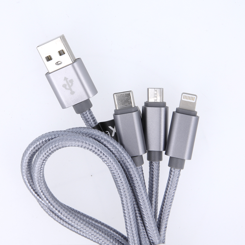 Maxlife 3in1 cable USB – Lightning + USB-C + microUSB 1,0 m 2,1A grey nylon