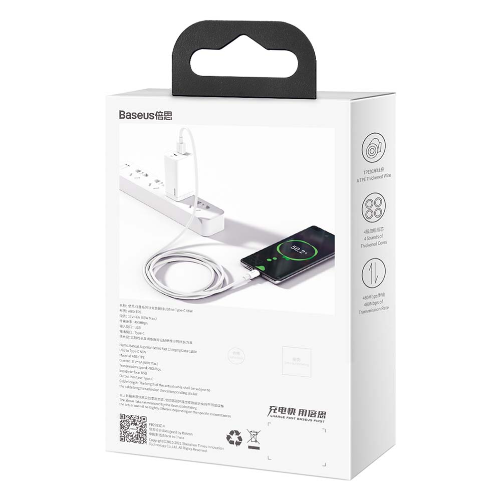 Baseus cable Superior USB – USB-C 2,0 m white 66W