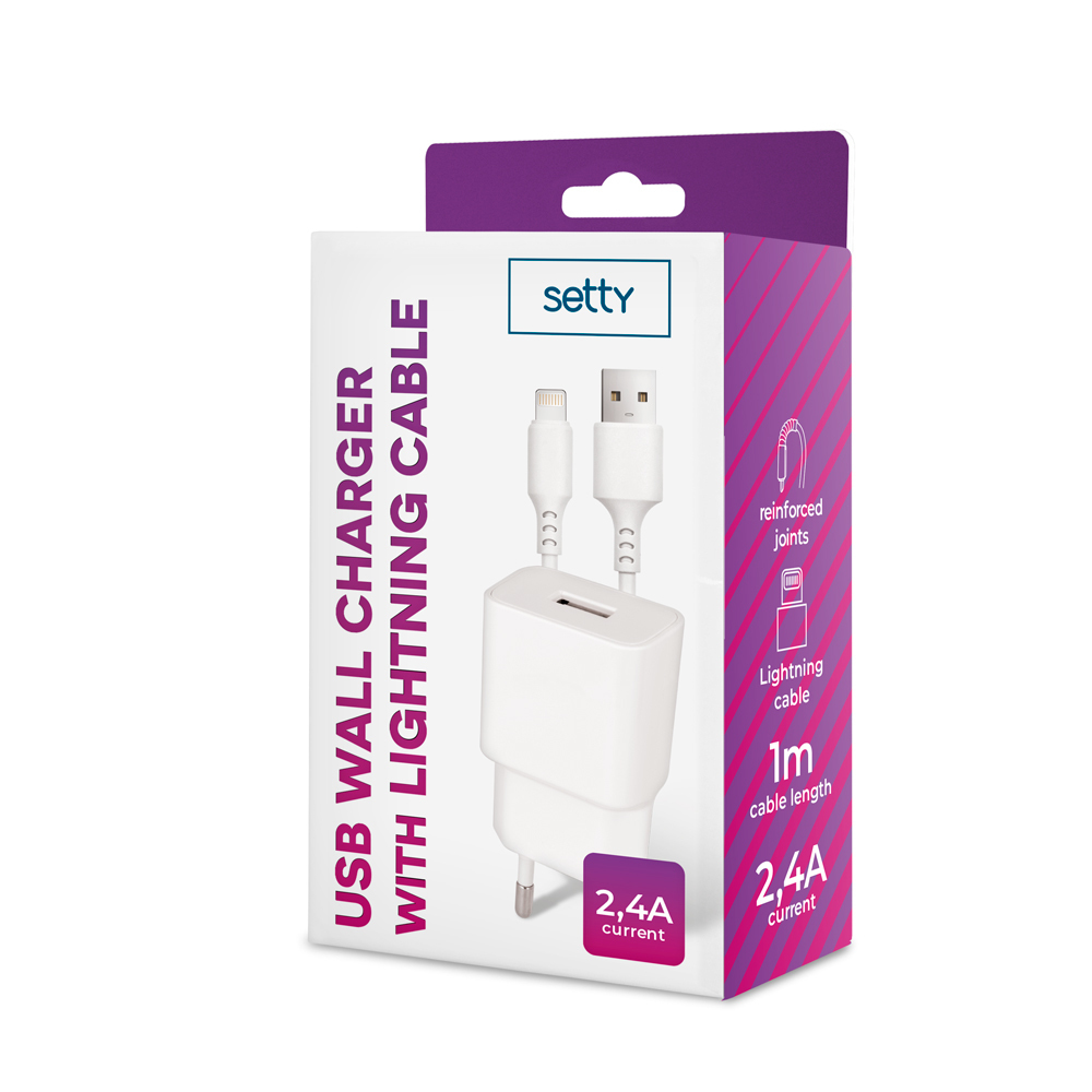 Setty laddare 1x USB 2,4A vit + Lightning-kabel 1,0 m NY