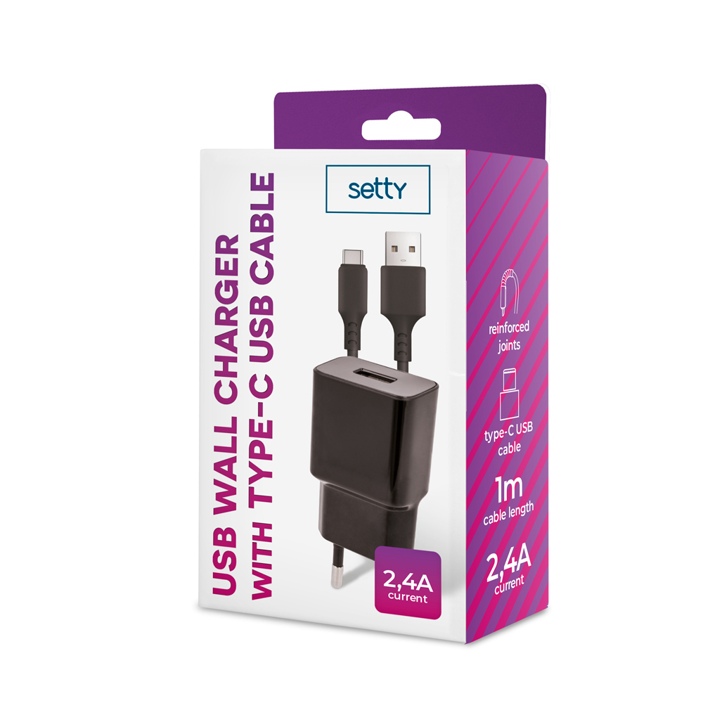 Setty laddare 1x USB 2,4A svart + USB-C-kabel 1,0 m NY