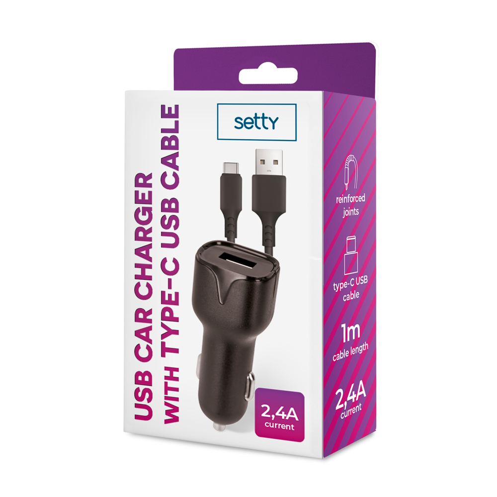 Setty bil laddare 1x USB 2,4A svart + USB-C-kabel 1,0 m