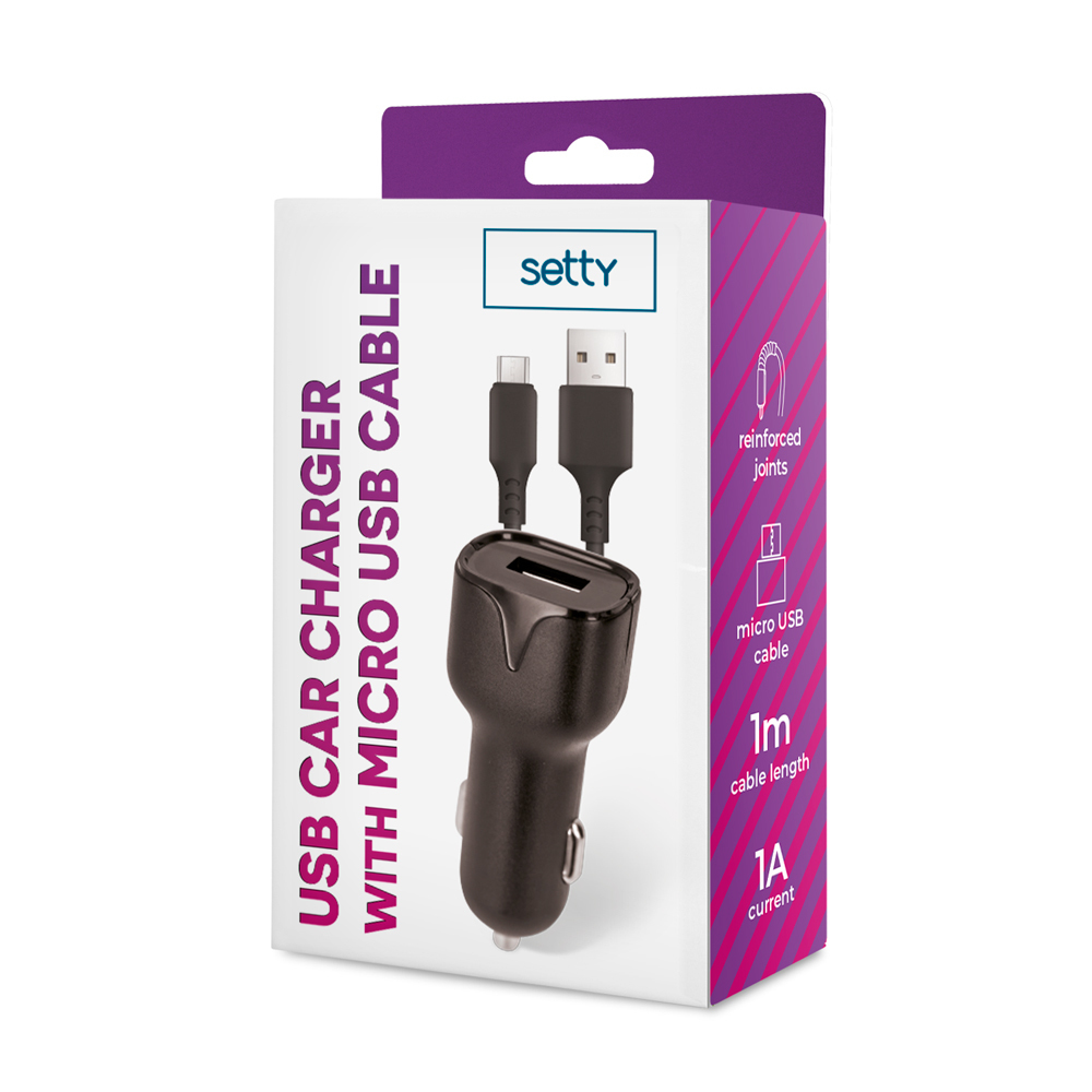 Setty biladdare 1x USB 1A svart + microUSB-kabel 1,0 m NY
