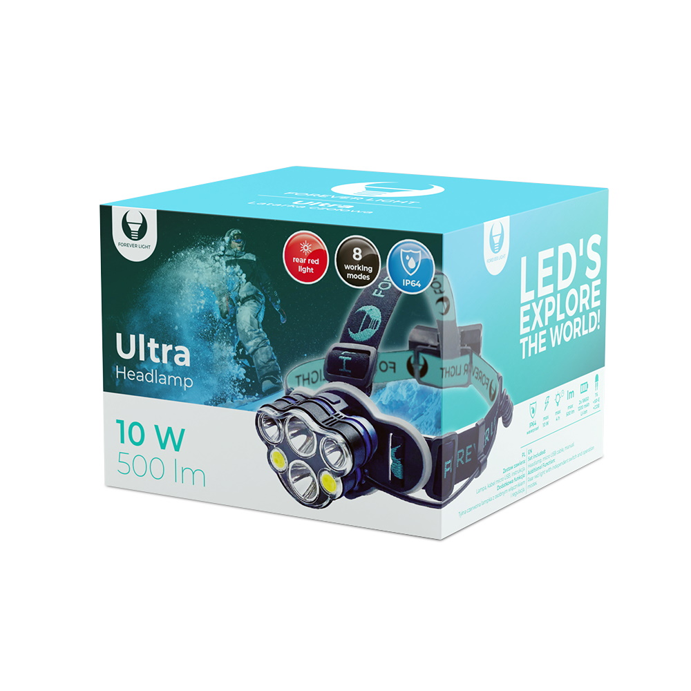 LED Headlamp Ultra T6 2x 10W + XP-E 2x 3W 500lm 2x 18650
