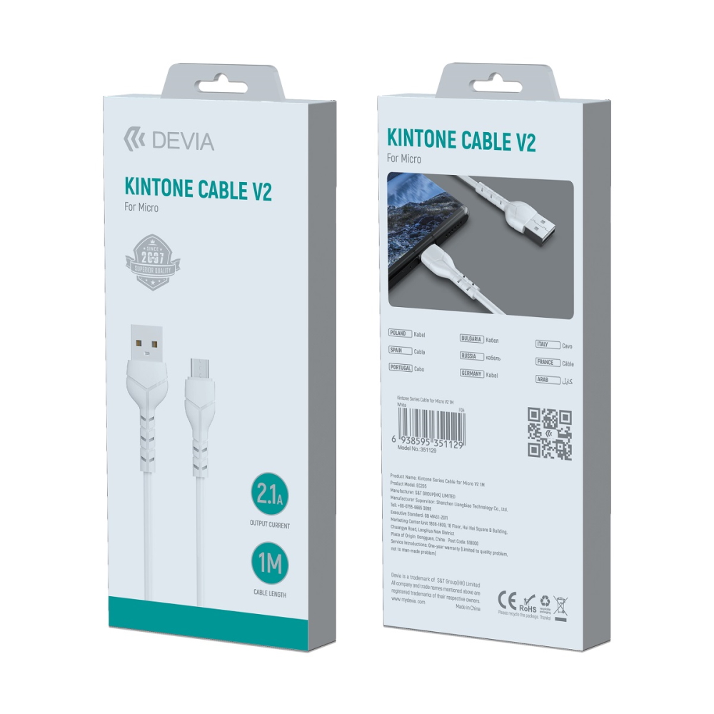 Devia cable Kintone EC144 USB – MicroUSB 1,0 m 2,1A white