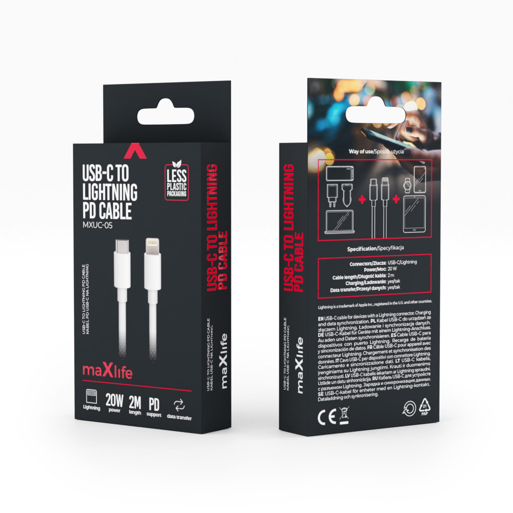 Maxlife MXUC-05 cable USB-C – Lightning 2,0 m 20W white
