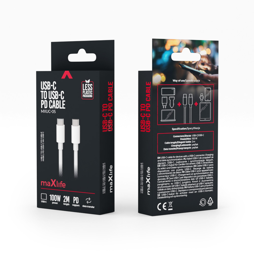 Maxlife MXUC-05 cable USB-C – USB-C 2,0 m 100W white