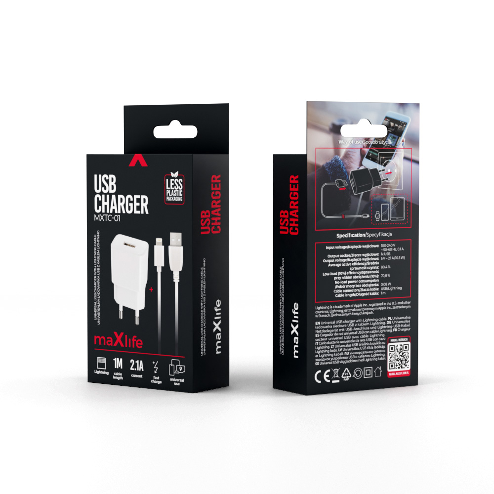 Maxlife MXTC-01 laddare 1x USB 2,1A vit + Lightning-kabel