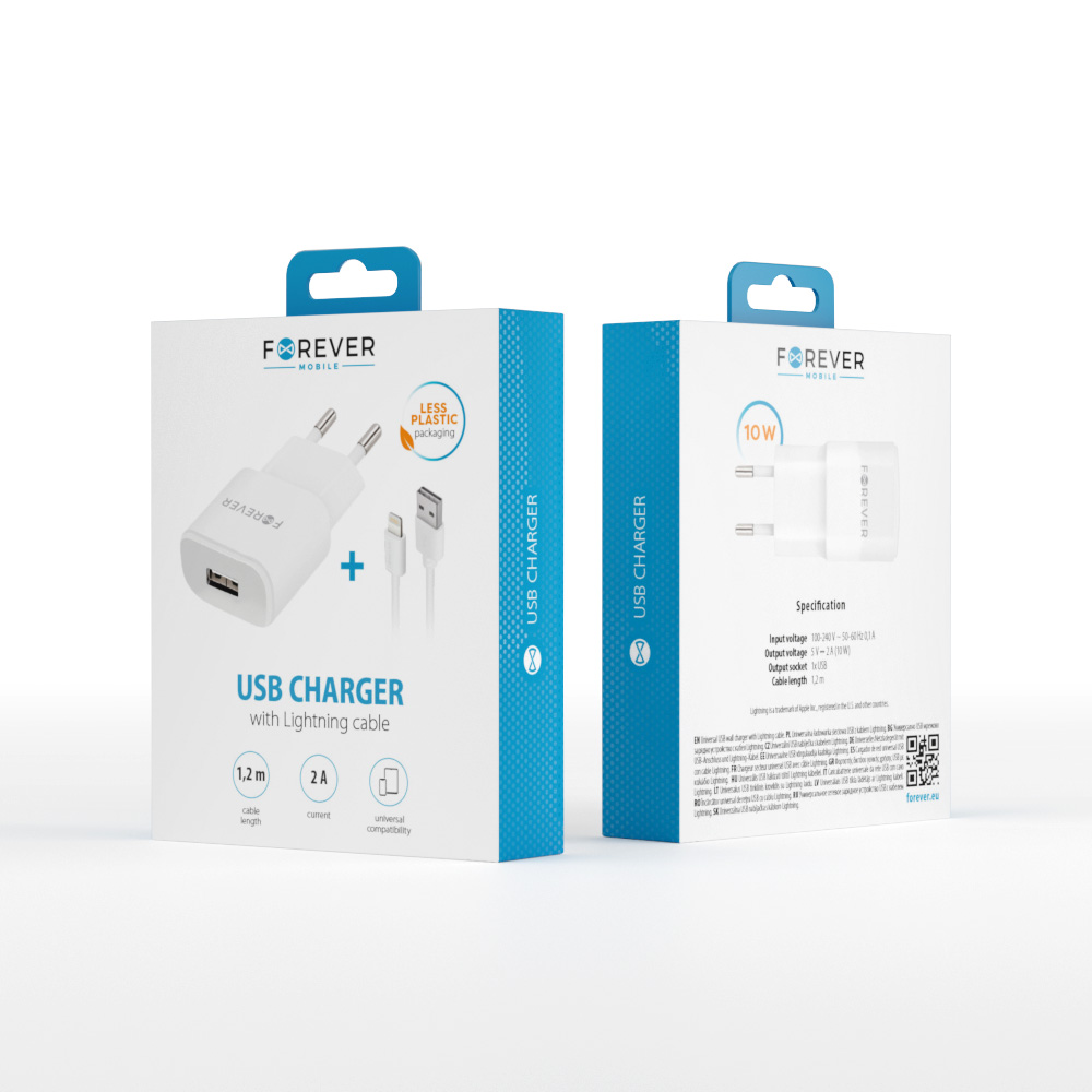 Forever TC-01 laddare 1x USB 2A vit + Lightning-kabel