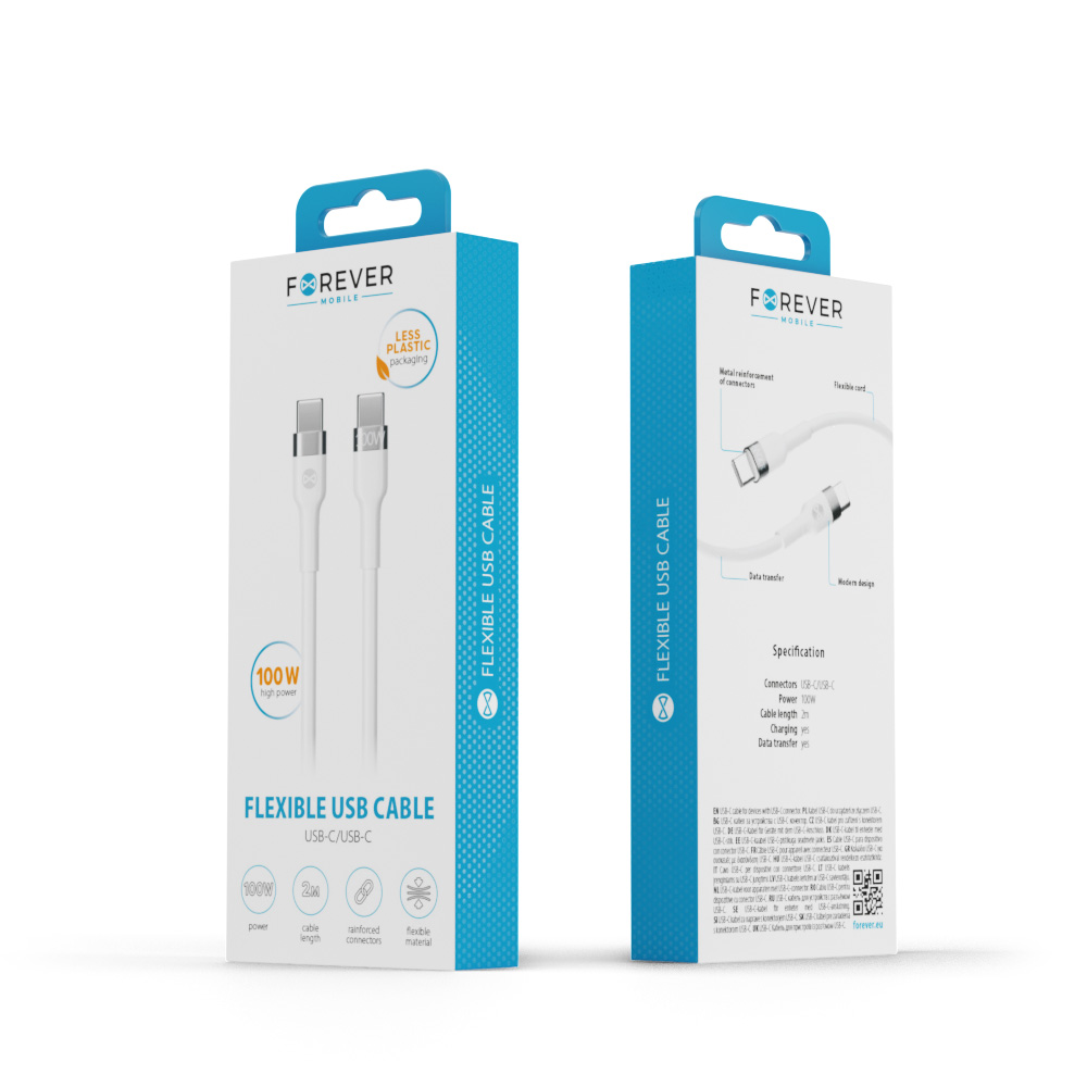 Forever Flexible cable USB-C – USB-C 2,0 m 100W white