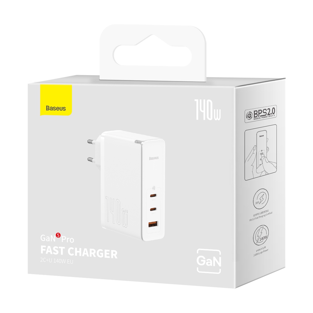 Baseus wall charger GaN5 Pro PD 140W 2x USB-C 1x USB white + USB-C – USB-C 240W cable