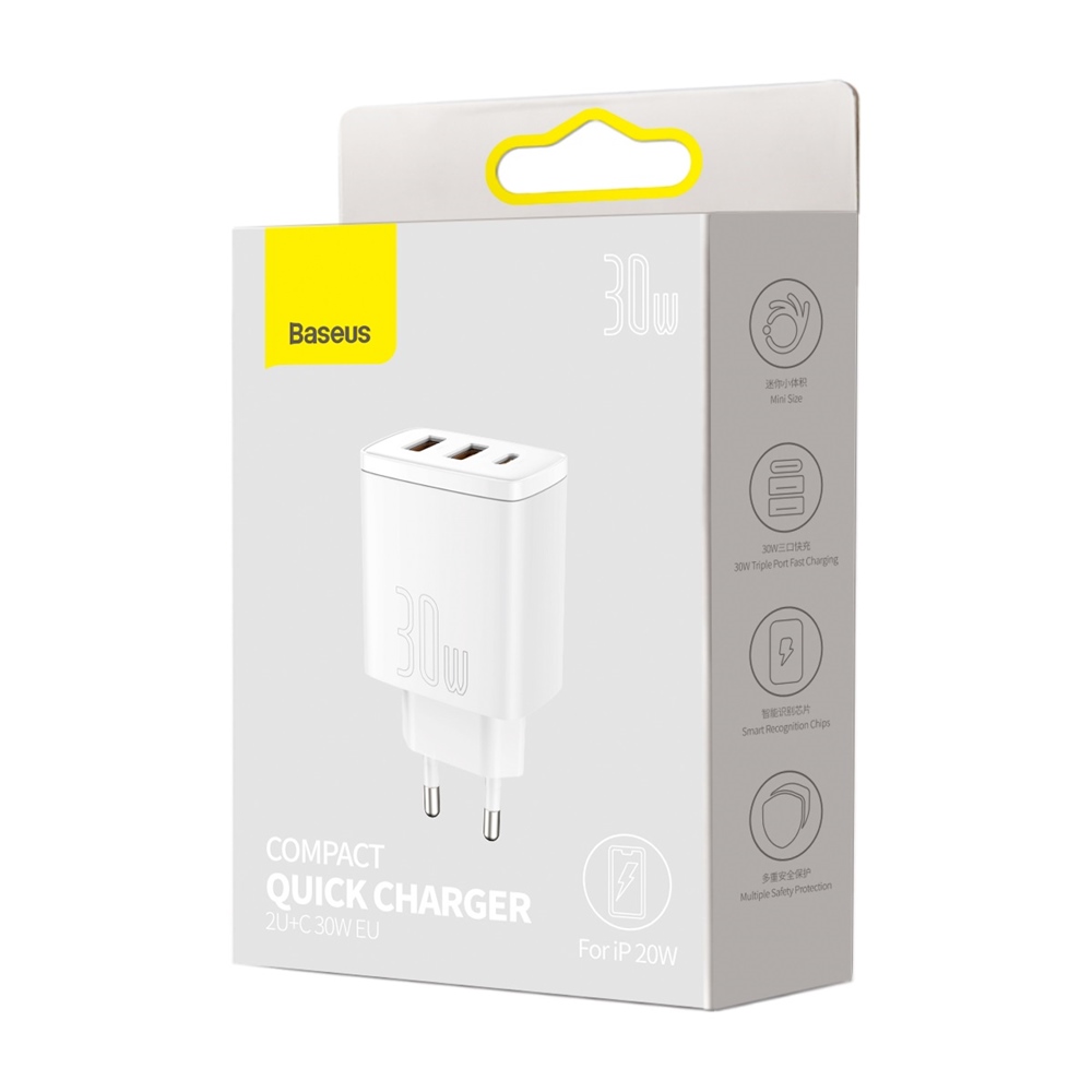 Baseus wall charger Compact PD 30W 1x USB-C 2x USB white