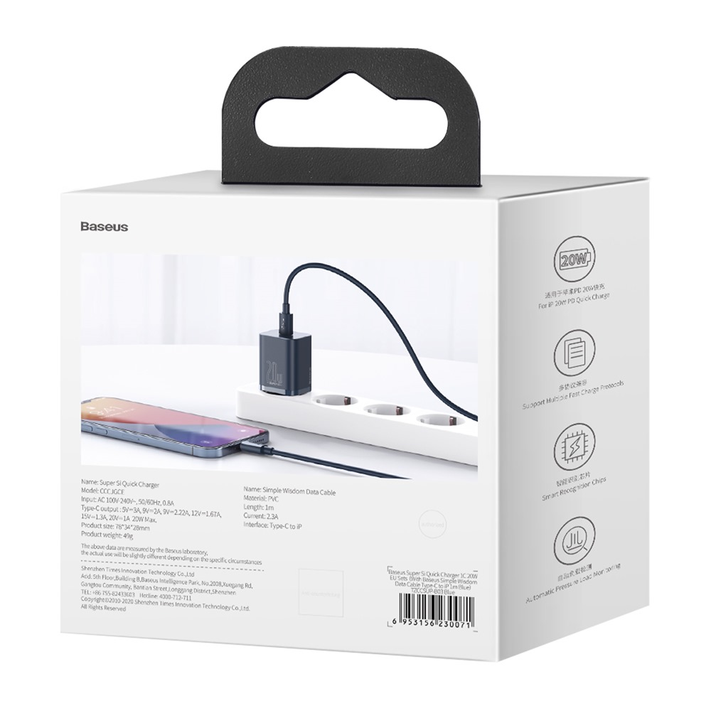 Baseus väggladdare Super Si PD 20W 1x USB-C blå + USB-C – Lightning-kabel