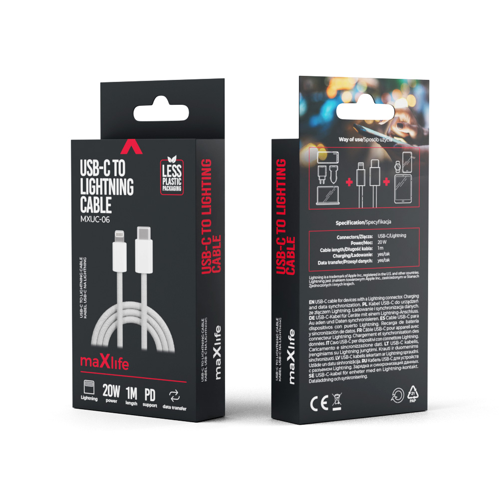 Maxlife MXUC-06 cable USB-C – Lightning 1,0 m 20W grey nylon