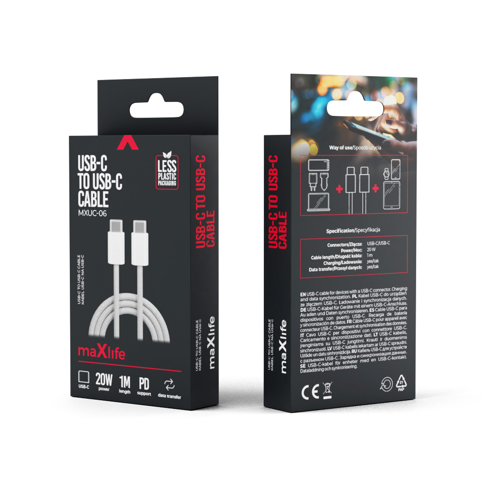 Maxlife MXUC-06 cable USB-C – USB-C 1,0 m 20W grey nylon