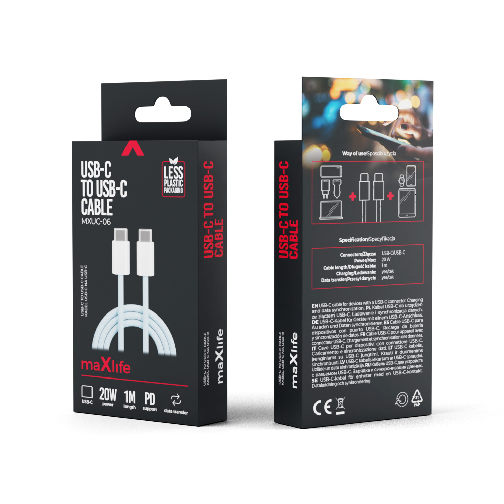 Maxlife MXUC-06 cable USB-C – USB-C 1,0 m 20W blue nylon