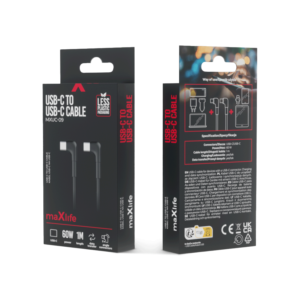 Maxlife MXUC-09 angle cable USB-C – USB-C 1,0 m 60W black