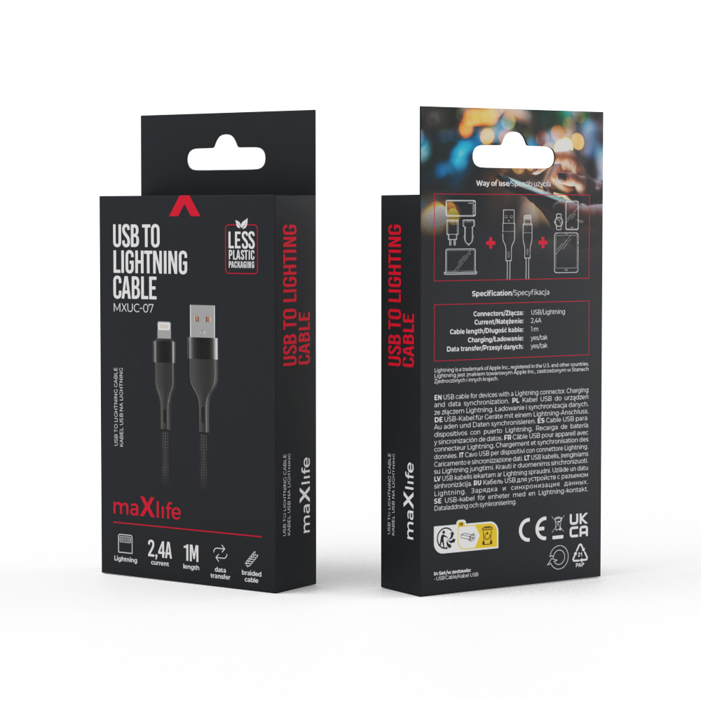 Maxlife MXUC-07 cable USB – Lightning 1,0 m 2,4A black nylon