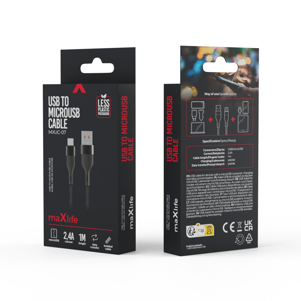 Maxlife MXUC-07 kabel USB – microUSB 1,0 m 2,4A svart nylon