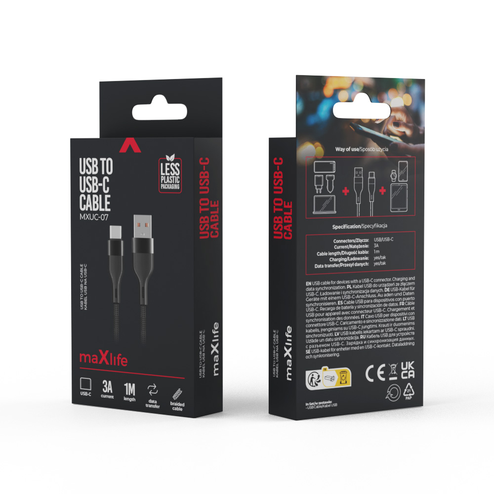 Maxlife MXUC-07 cable USB – USB-C 1,0 m 3A black nylon