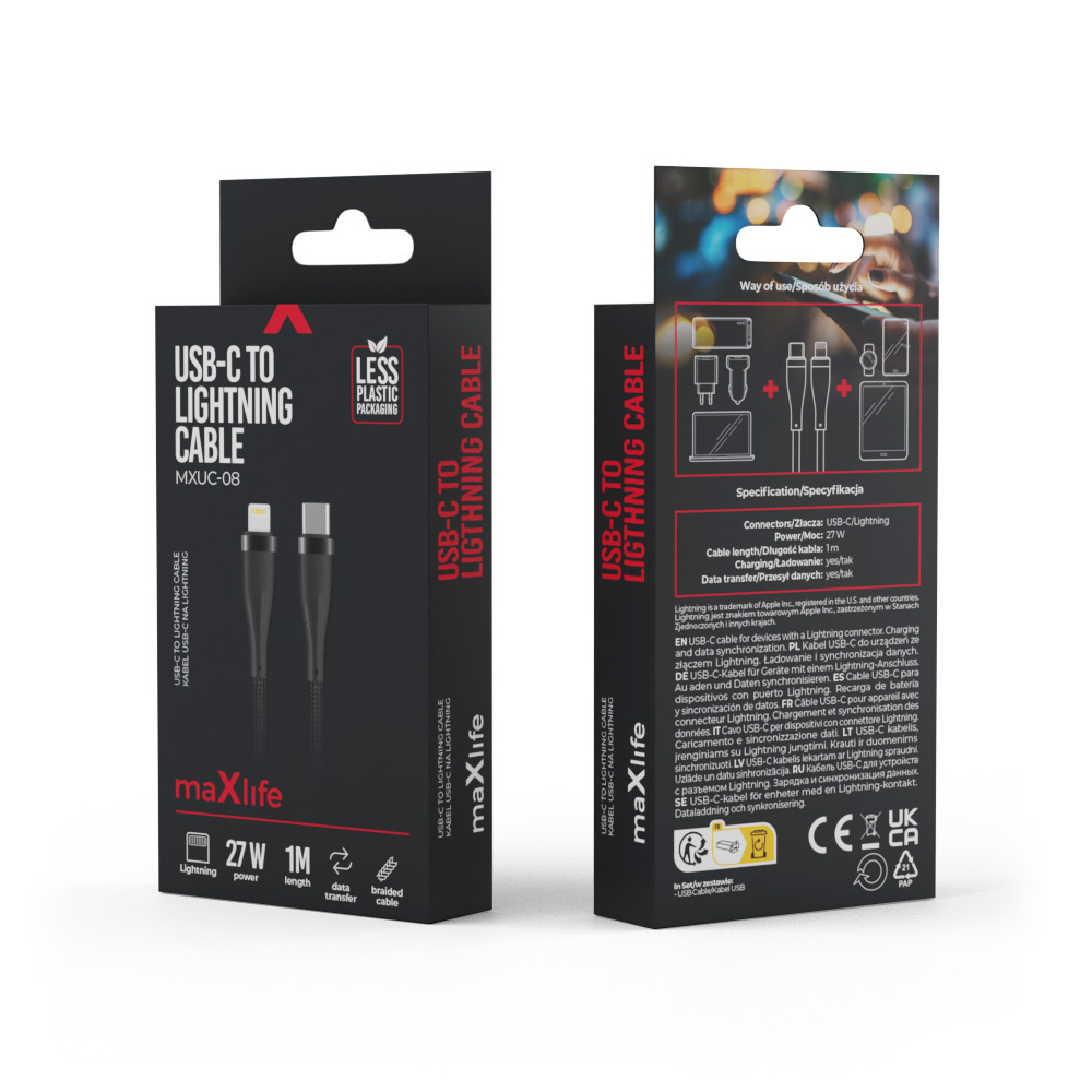 Maxlife MXUC-08 cable USB-C – Lightning 1,0 m 27W black nylon