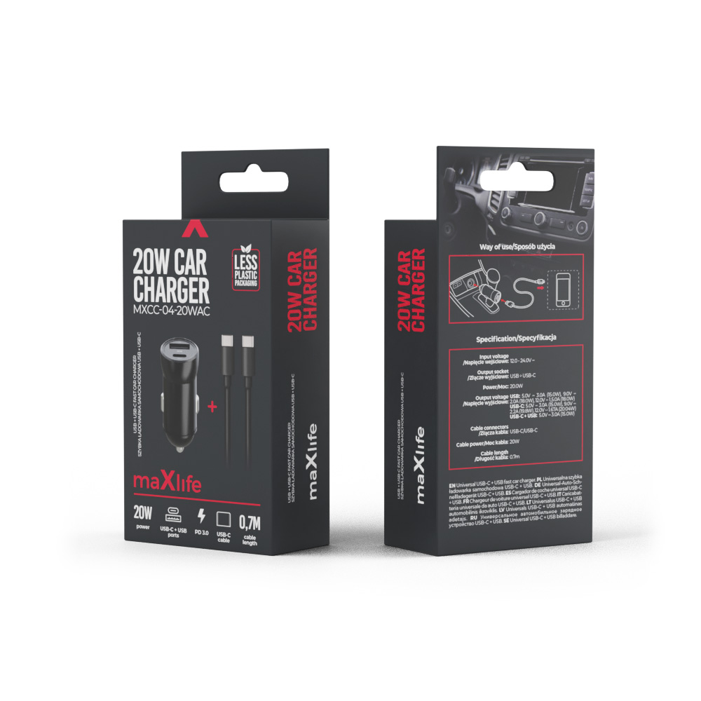 Maxlife MXCC-04 PD QC car charger 1x USB-C 1x USB 20W black + USB-C – USB-C cable 60W