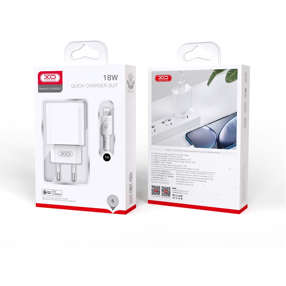 XO wall charger CE02D QC 3.0 18W 1x USB white + USB-C cable